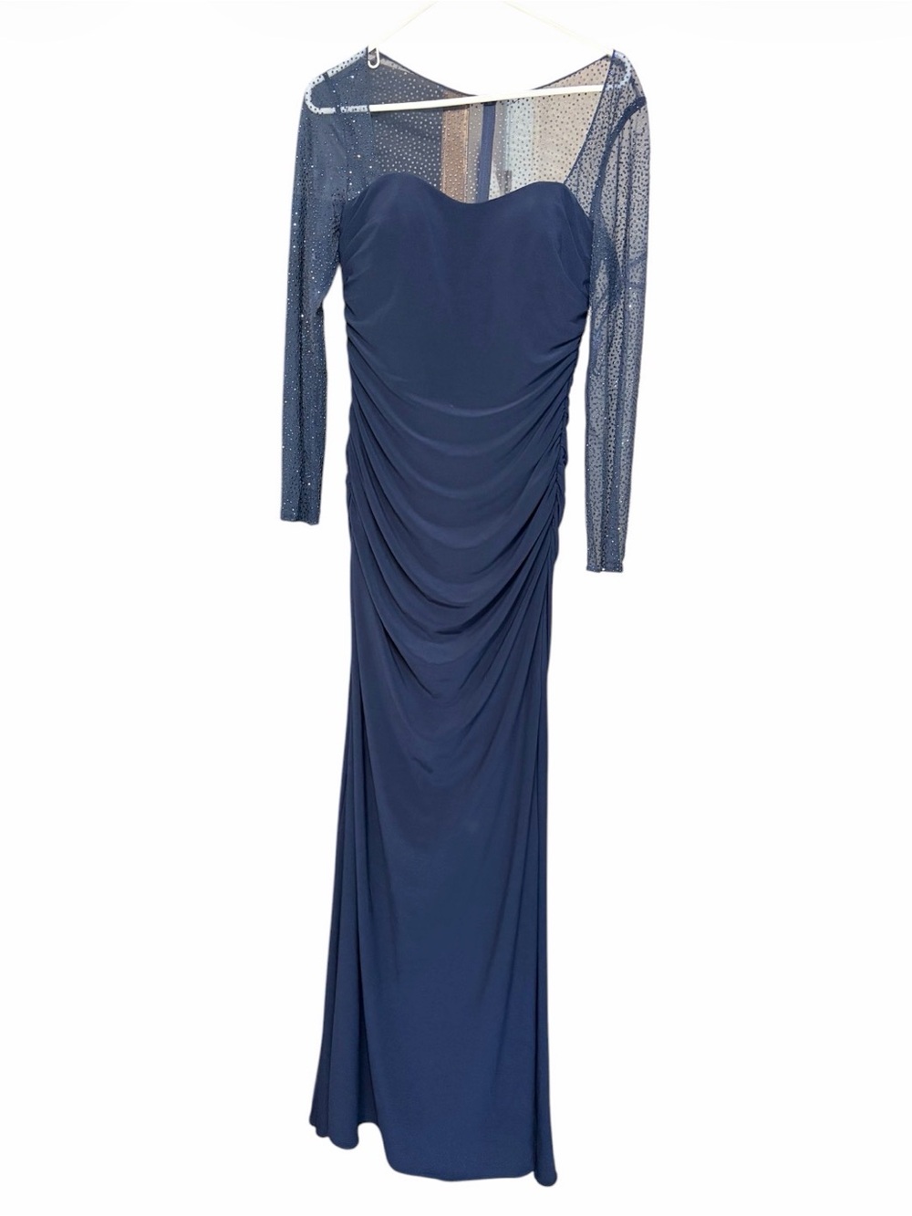 La Femme Navy Rhinestone Mesh Sleeve Sweetheart Formal Gown Size 4 - Picture 3 of 7